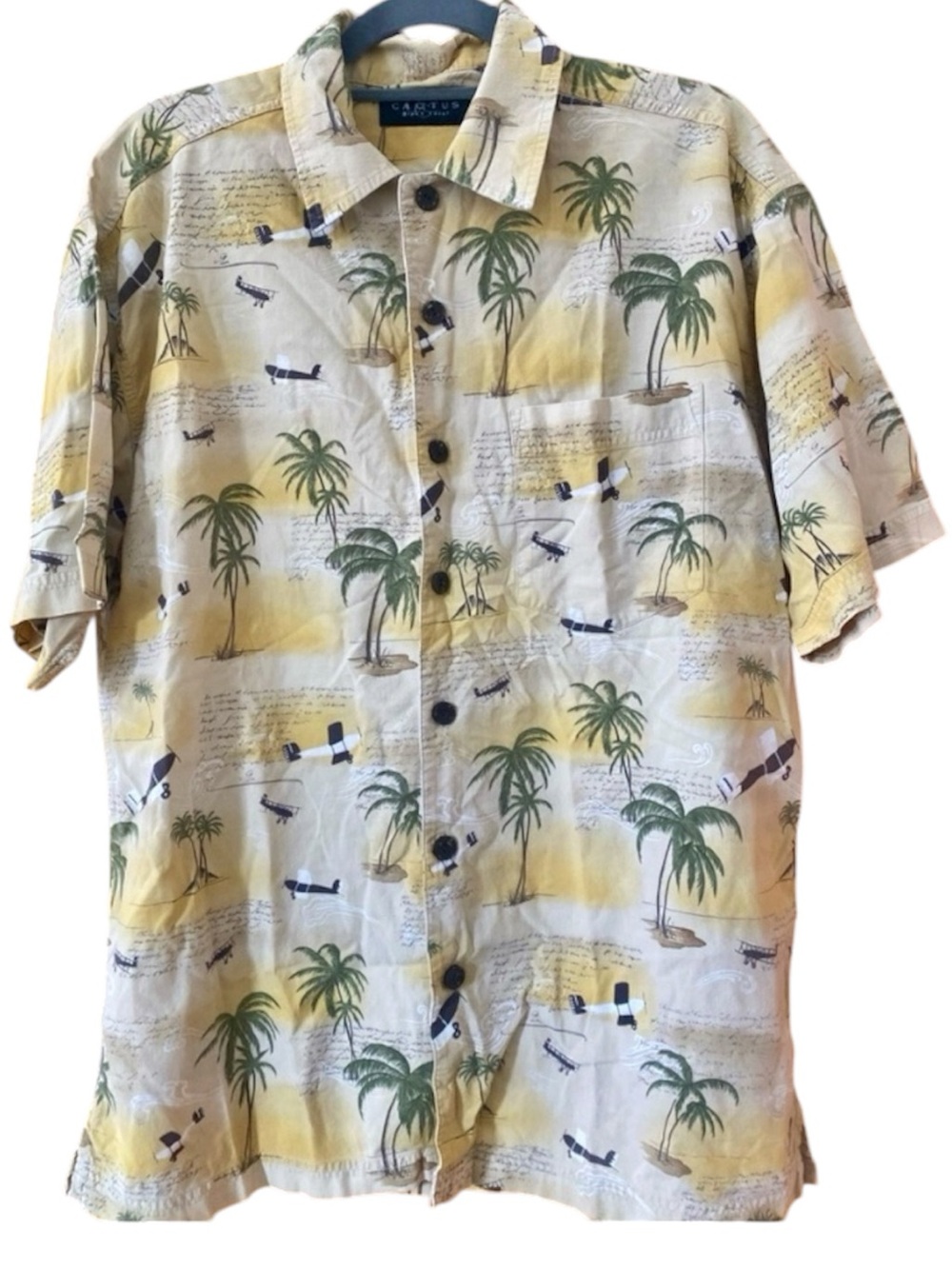 Cactus Black Label Hawaiian Shirt Mens L Made USA Palm Tree Airplane Camp Shirt